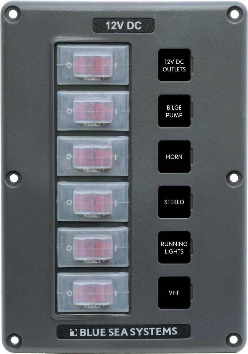 Blue Sea Systems 4322 Water-Resistant Circuit Breaker Switch Panel, Gray, 6 Positions