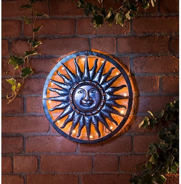 Bravich Weatherproof Metal Bronze Solar Sun Hand Painted Wall Art Garden Ornaments Decoration Wall Sculpture- 12 LED Solar Sun Decoration