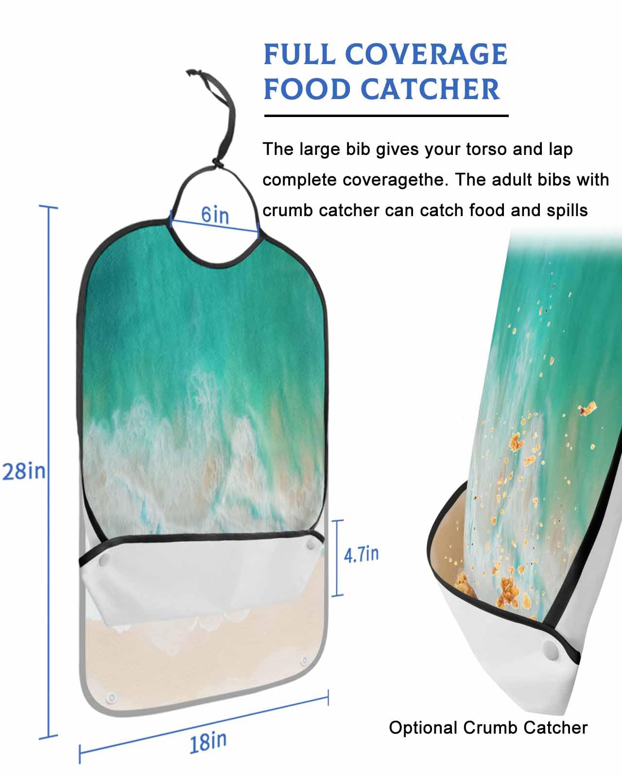 LEOKOTI Teal Coastal Adult Bibs for Eating, Waterproof Bibs with Food Catcher & Adjustable Snap Closure, Summer Beach Seaside Ocean Nautical Washable Clothing Protectors Adult Bibs for Elderly