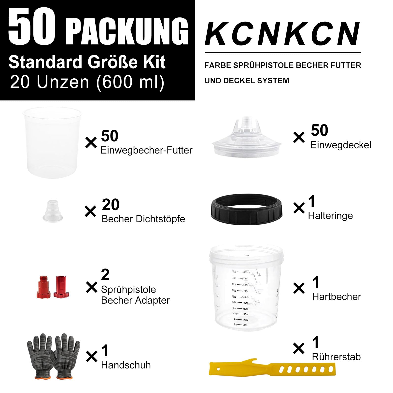 Einweg Farbspritzpistolenbecher 20 Unzen (600 ml) Set 50 Becher Deckel HVLP LVLP Farbsystem
