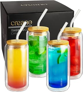 Creano doppelwandige Trinkgläser mit Bambusdeckel & Strohhalm 360ml - Smoothie Becher - Bubble Tea - Cocktailglas - 4er Set