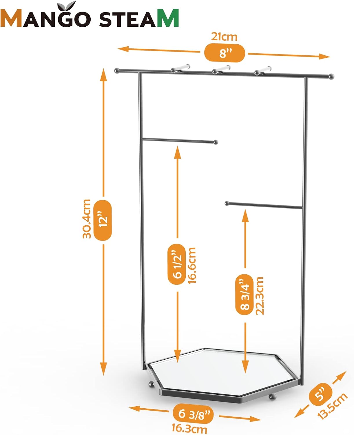 Mango Steam Tabletop Mirror Base Jewelry Tower/Display Stand for Bracelets, Necklaces, Hoop Earrings, Rings (Hexagon Silver)