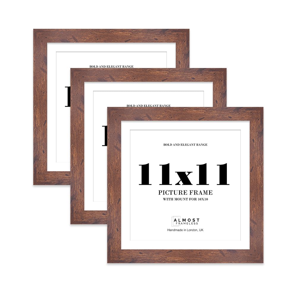 11x11" Rustic Wood Square Frame With Mount for 10x10" Pictures 28mm Edge Frame Display with Wall Hooks and Kickstand, 3 Pack