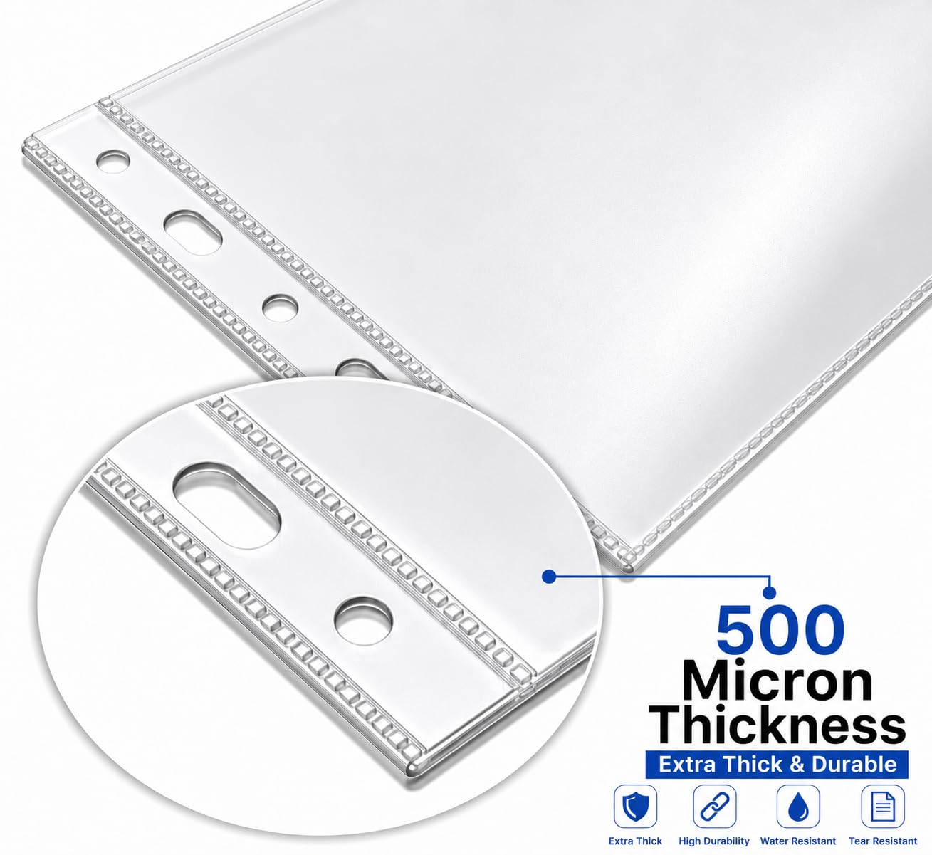 Appropriate A4 Size Transparent Document Sleeves, 25 Pcs, Heavy Duty Clear Sheet Protectors, 500 Microns, Plastic Leaf, Waterproof, 11-Hole Punched for Ring Binders & Files, Office & School Use 1