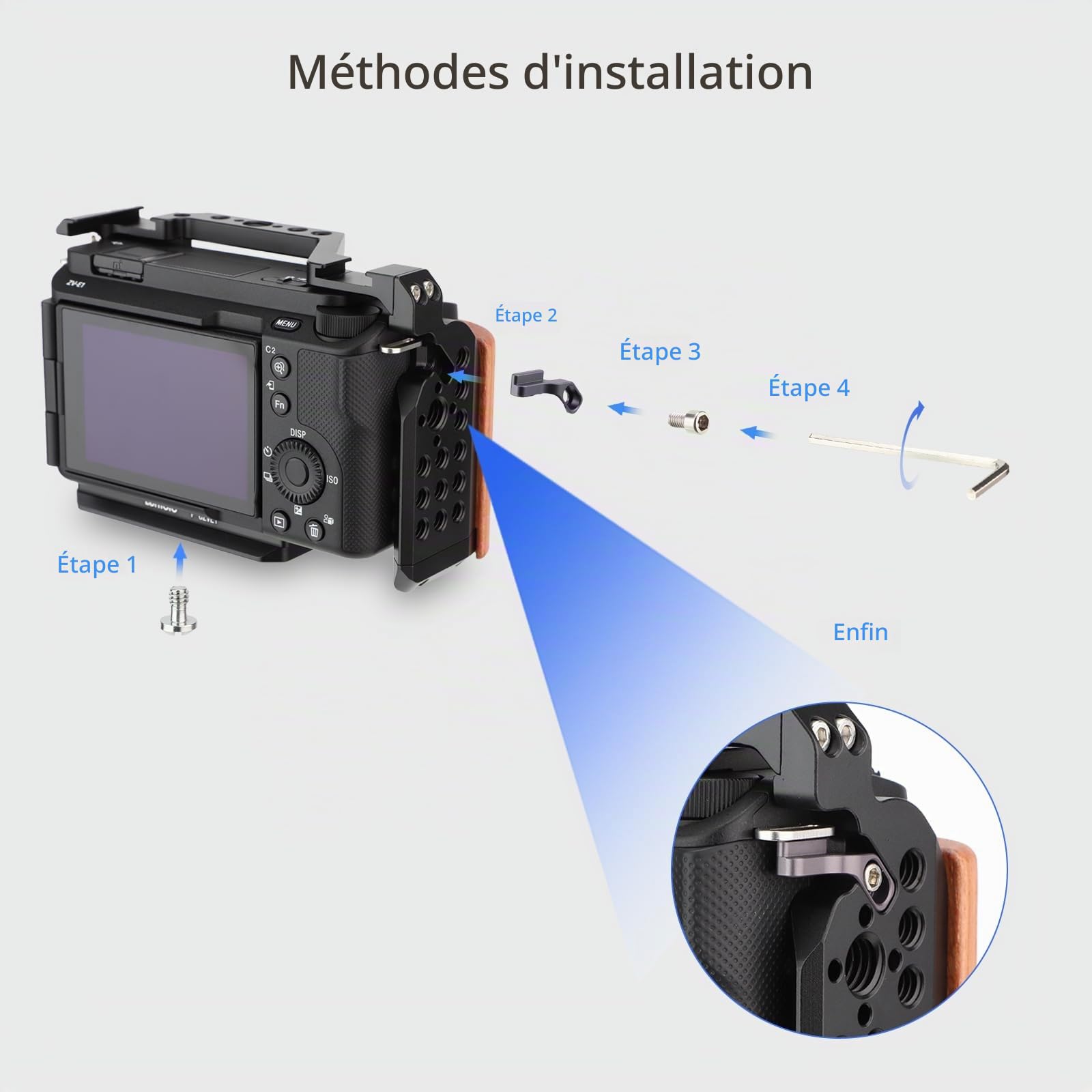 Leftfoto ZV-E1 F-CZVE1 Cage pour caméra complète avec poignée en bois pour cadre de prise de vue vidéo Sony Alpha ZV-E1 avec base de type Arca de 3/8" trous ARRI à double verrouillage