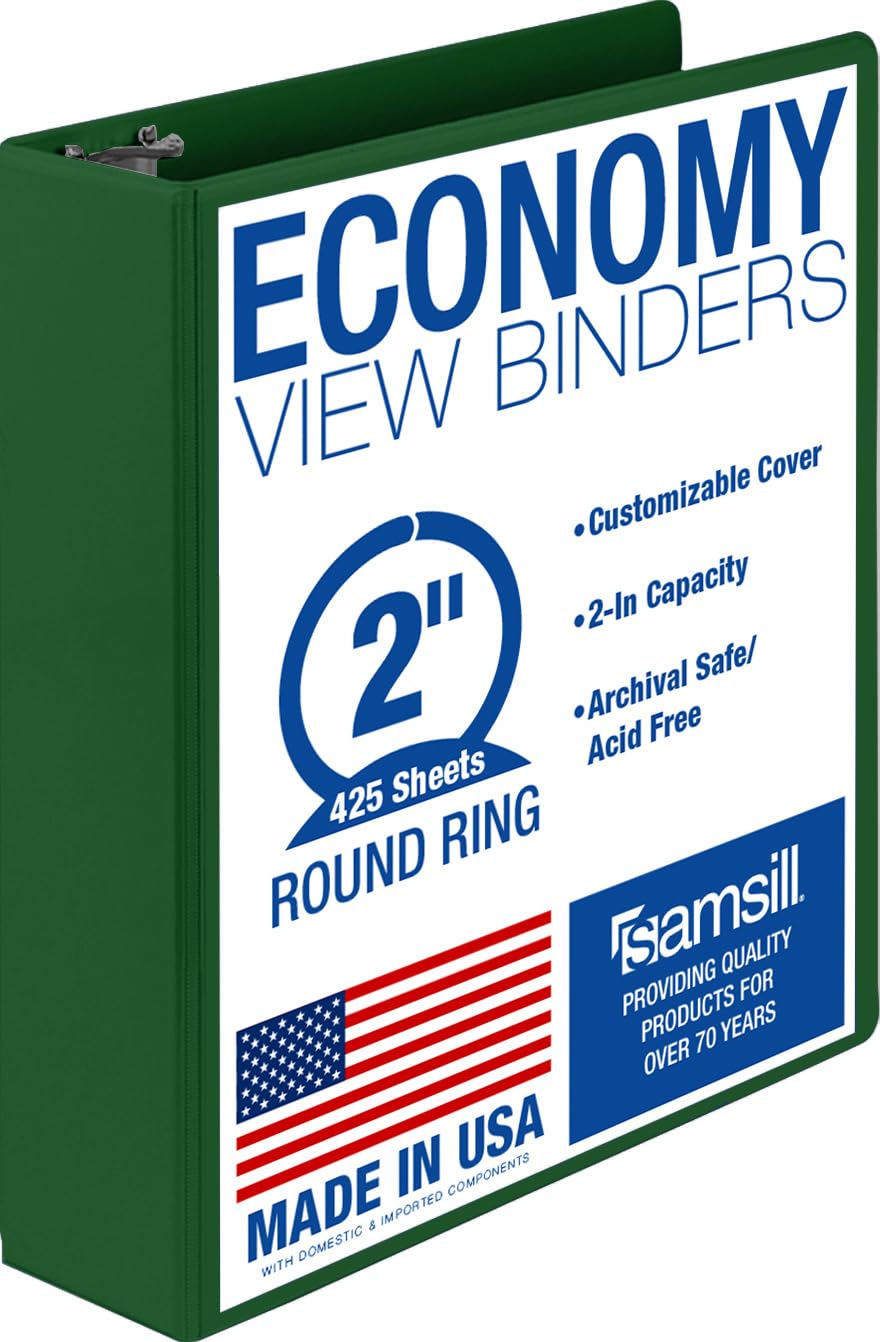 Samsill 2 Inch 3 Ring Binder, Made in USA, Economy Round Ring, Clear View Cover, 425 Sheet Capacity - for School, Home, Office - Forest Green