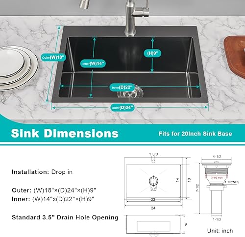 Miniatura 64 de Fregadero de cocina pequeño de acero inoxidable con caída de 20 pulgadas, níquel cepillado, 20 pulgadas de profundidad x 16 pulgadas de ancho x 9