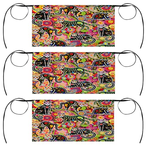 Peris Skeleton Cats Server Aprons with 3 Pockets Oil-proof Half Aprons Restaurant Bistro Cafe Bars Waitress Waiter Wasit Apron for Women Men 3 Pcs