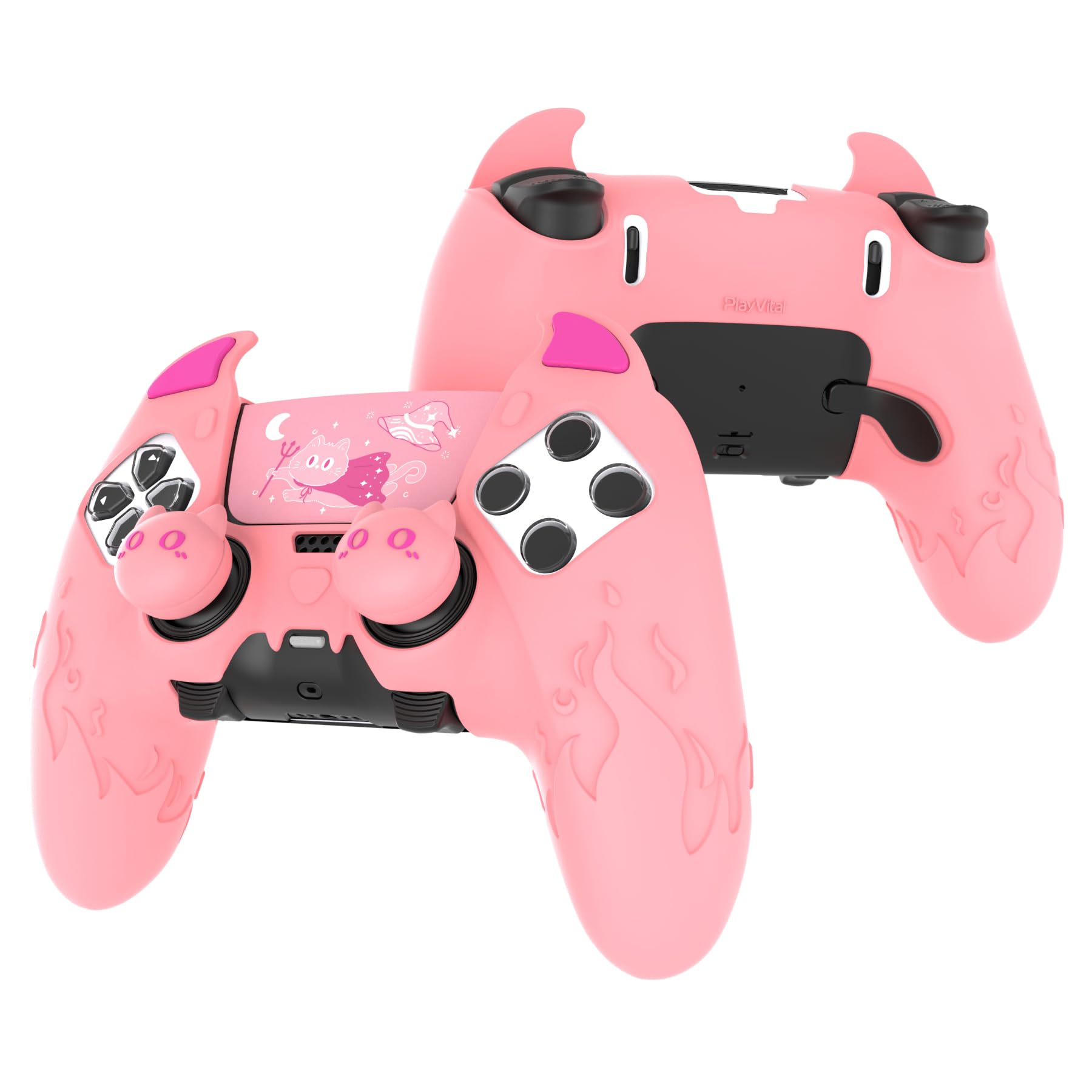 PlayVital for PS5 Edge Controller Skin Demon Pink Silicone Cover with Touchpad Sticker Thumb Grip Caps Cute Protecter