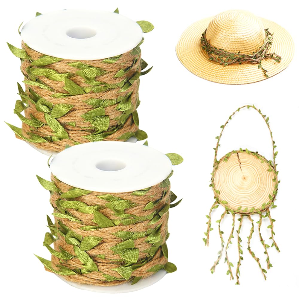10m x 2 Curled Leaf Ribbon, Natural Burlap Jute Rope with Artificial Leaves, Decorative Ivy Garland for Gifts, Crafts, Weddings, Home and Garden Decoration