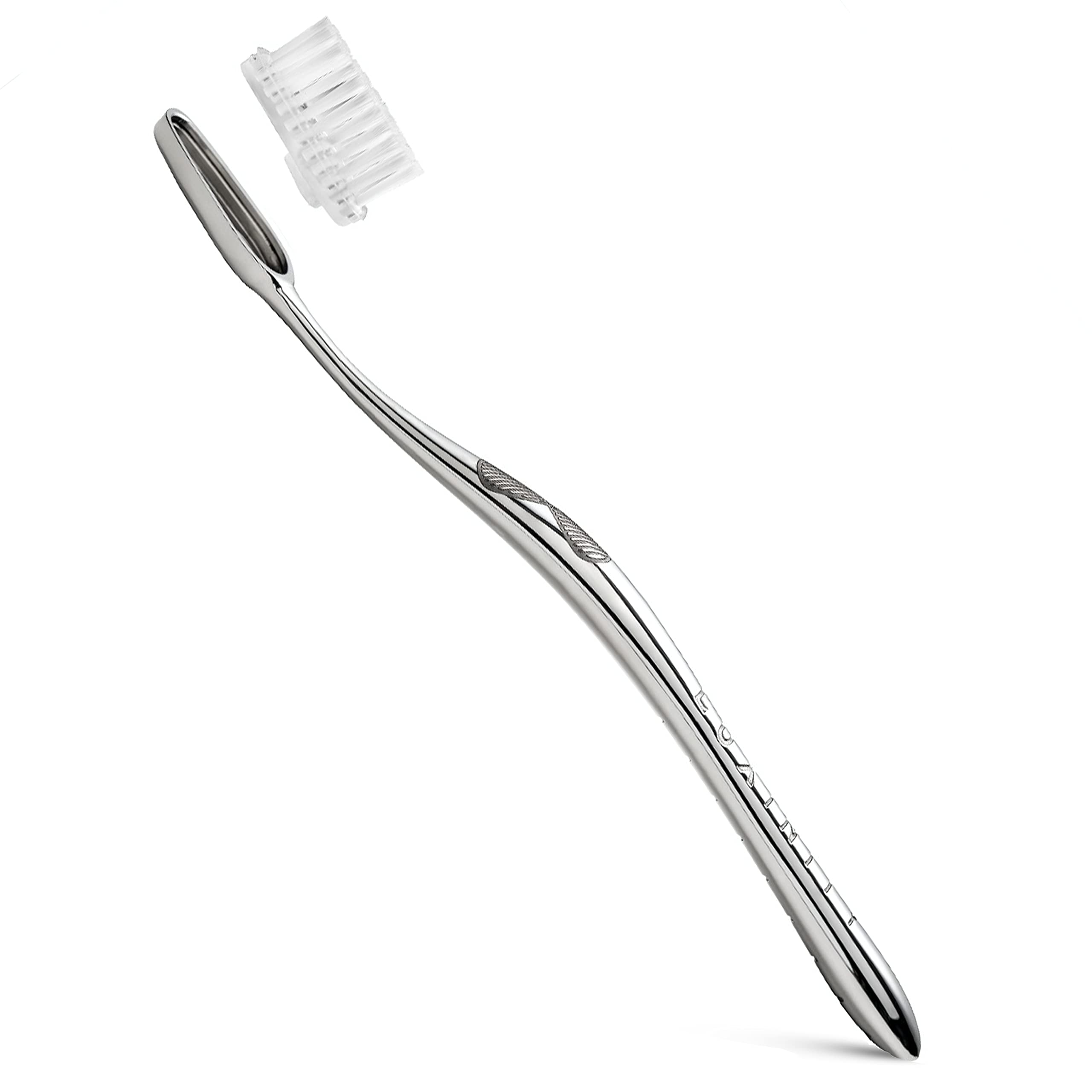 Spazzolino da denti manuale in acciaio inox con testa intercambiabile – Starter set con 1 testina di setola media "opaca", con incisione antiscivolo