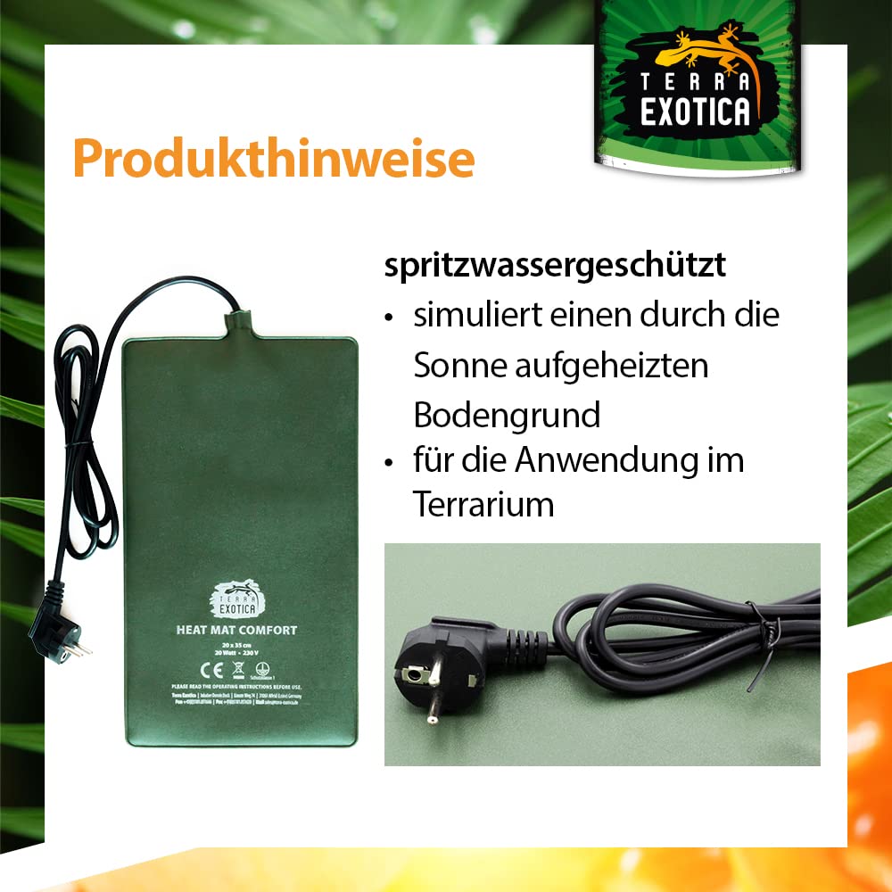 Terrarium Heizmatte Comfort 20 Watt, 20x35 cm - in 10W, 20W, 30W & 40W erhältlich - Wärmematte für Reptilien z.B. Schildkröten Schlangen Eidechsen - spritzwassergeschützt (Comfort Heizmatte, 20 Watt)