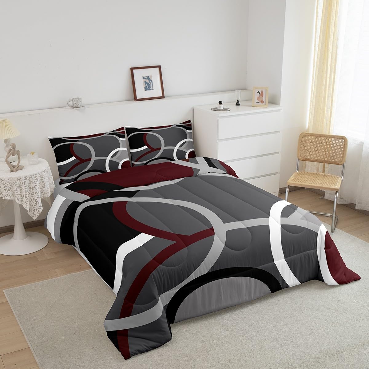 Feelyou Circle Geometry Comforter Set Kids Rurgundy Red Gray Swirl Comforter for Women Men Adults Modern Stripes Bedding Set Geometric Quilted Room Decor Duvet Set King Size Boys