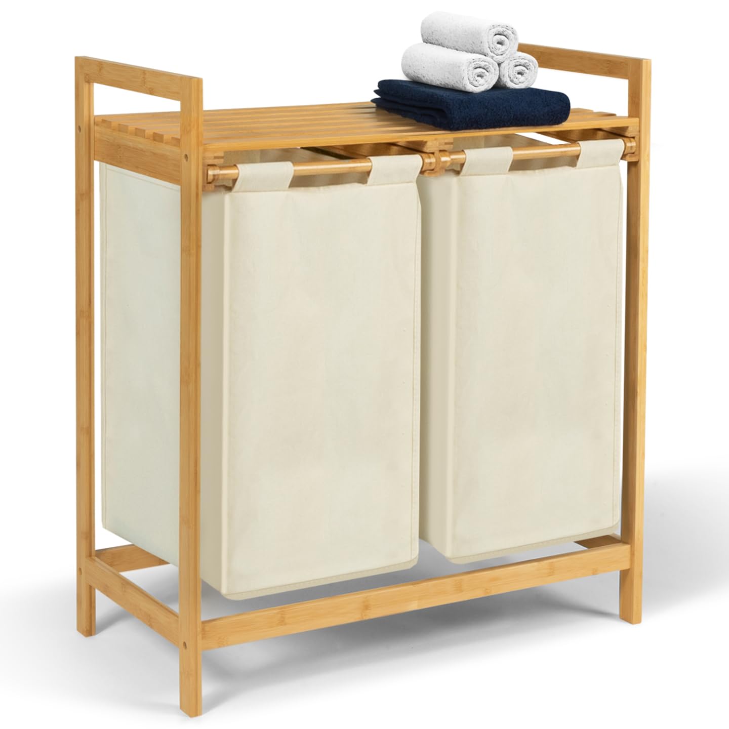 IDMarket - Panier à Linge 2 bacs Bambou BEA Tissu écru