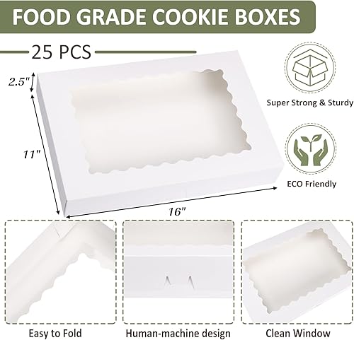 Miniatura 2 de TOMNK 25 cajas de panadería de 16 x 11 x 2.5 pulgadas, cajas de galletas grandes con ventana, cajas de golosinas blancas con capacidad para 12 cajas