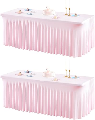 Miniatura 10 de Paquete de 4 manteles blancos para mesas rectangulares de 6 pies, fundas de mesa de elastano elásticas resistentes a las arrugas con falda para