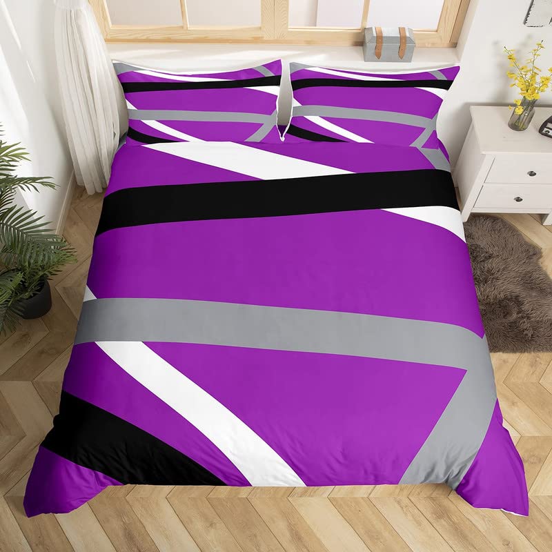 Purple Black Gray Stripes Bedding Set Single Modern Abstract Geometric Comforter Cover Set for Women Men Lines Duvet Cover Breathable Bedspread Cover Quilt Cover โ image 1