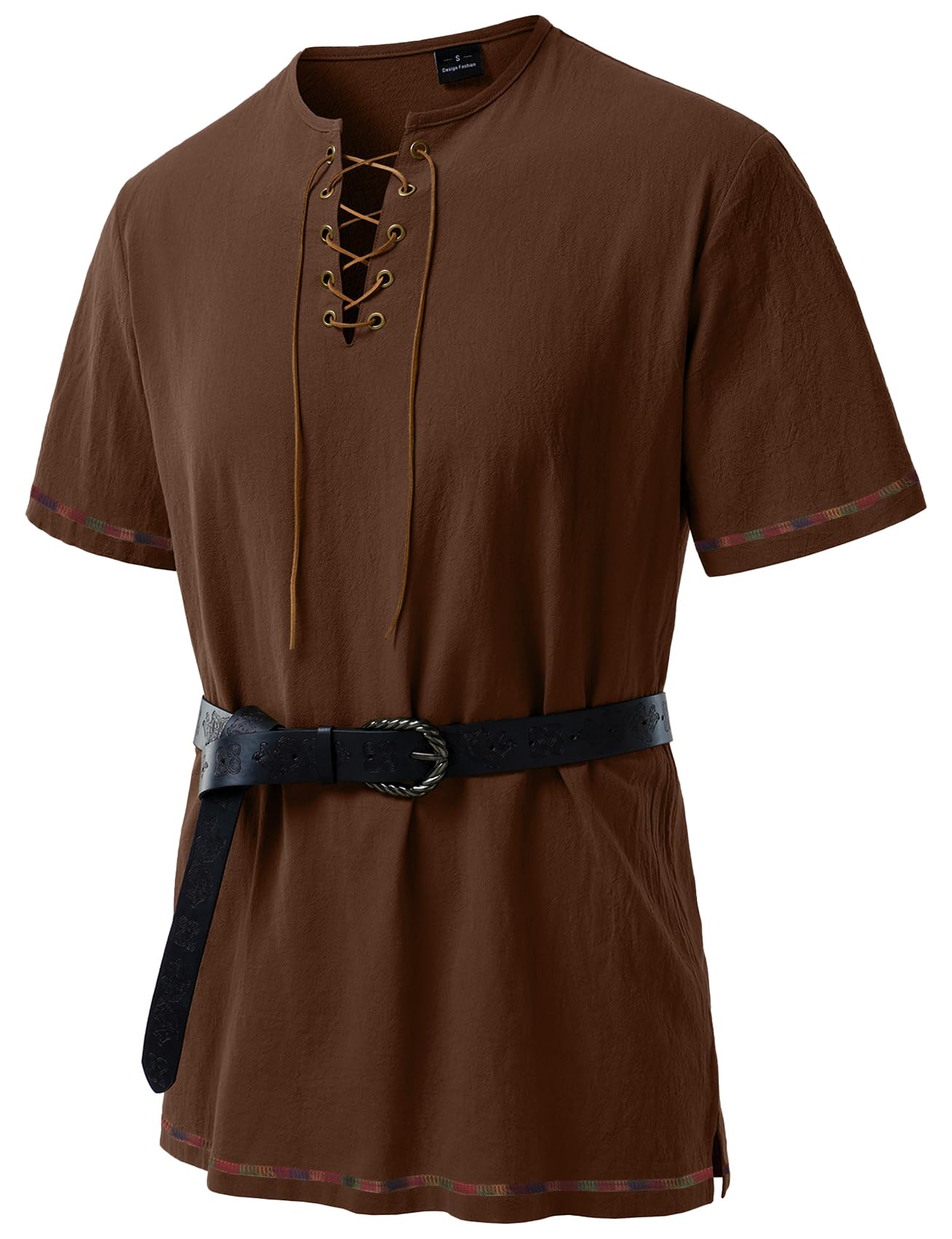 JEMITOP Men's Renaissance Costume Retro Short Sleeves Lace Up Shirts Tunic for Pirate Viking Medieval Halloween Cosplay Without Belt Dark Brown L