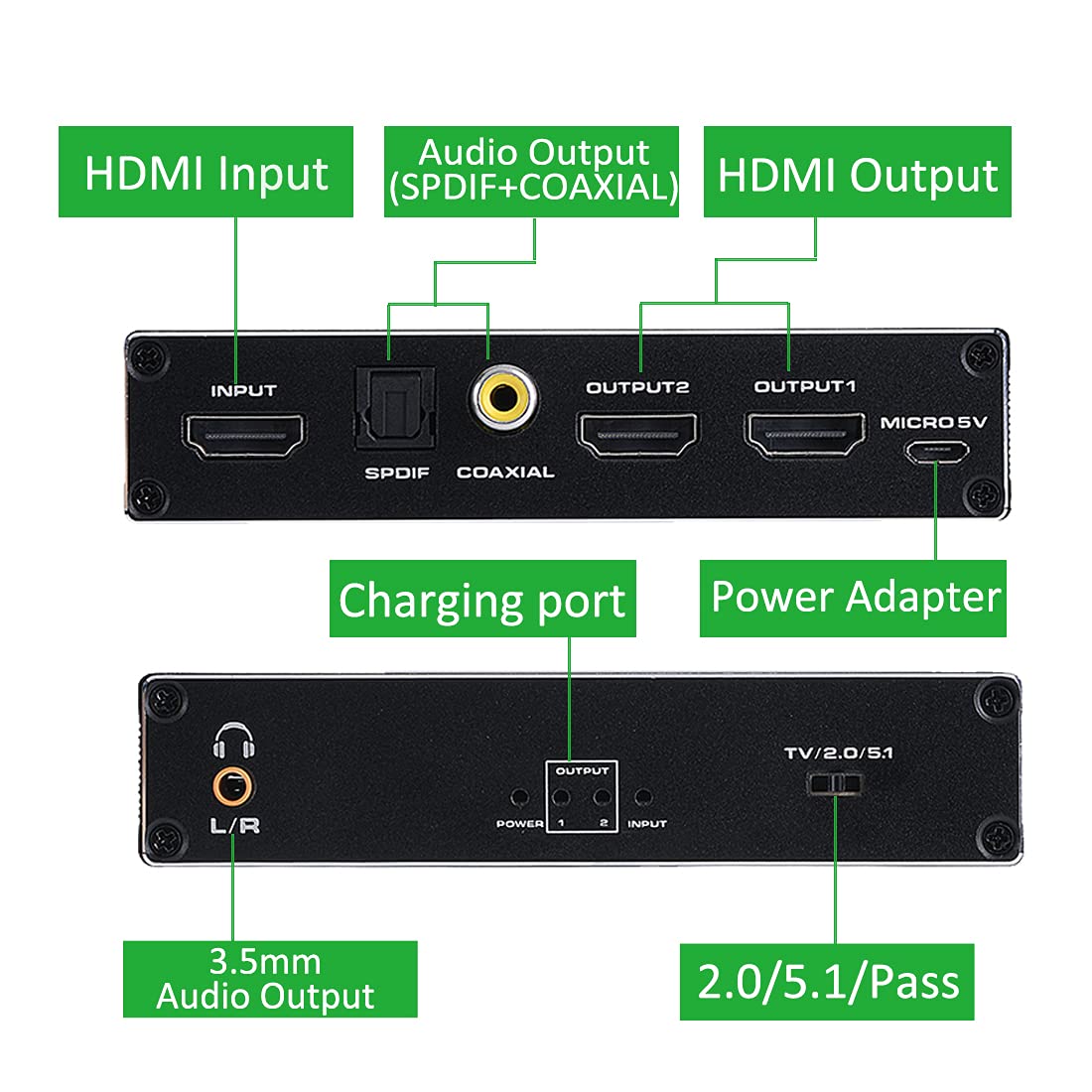 Splitter HDMI 4K a 60Hz con estrattore audio 1 in 2 out, splitter HDMI 1x2 con jack audio da 3,5 mm + coassiale + ottico Toslink SPDIF per doppio monitor duplicato/mirror solo, compatibile con PS3/4/5