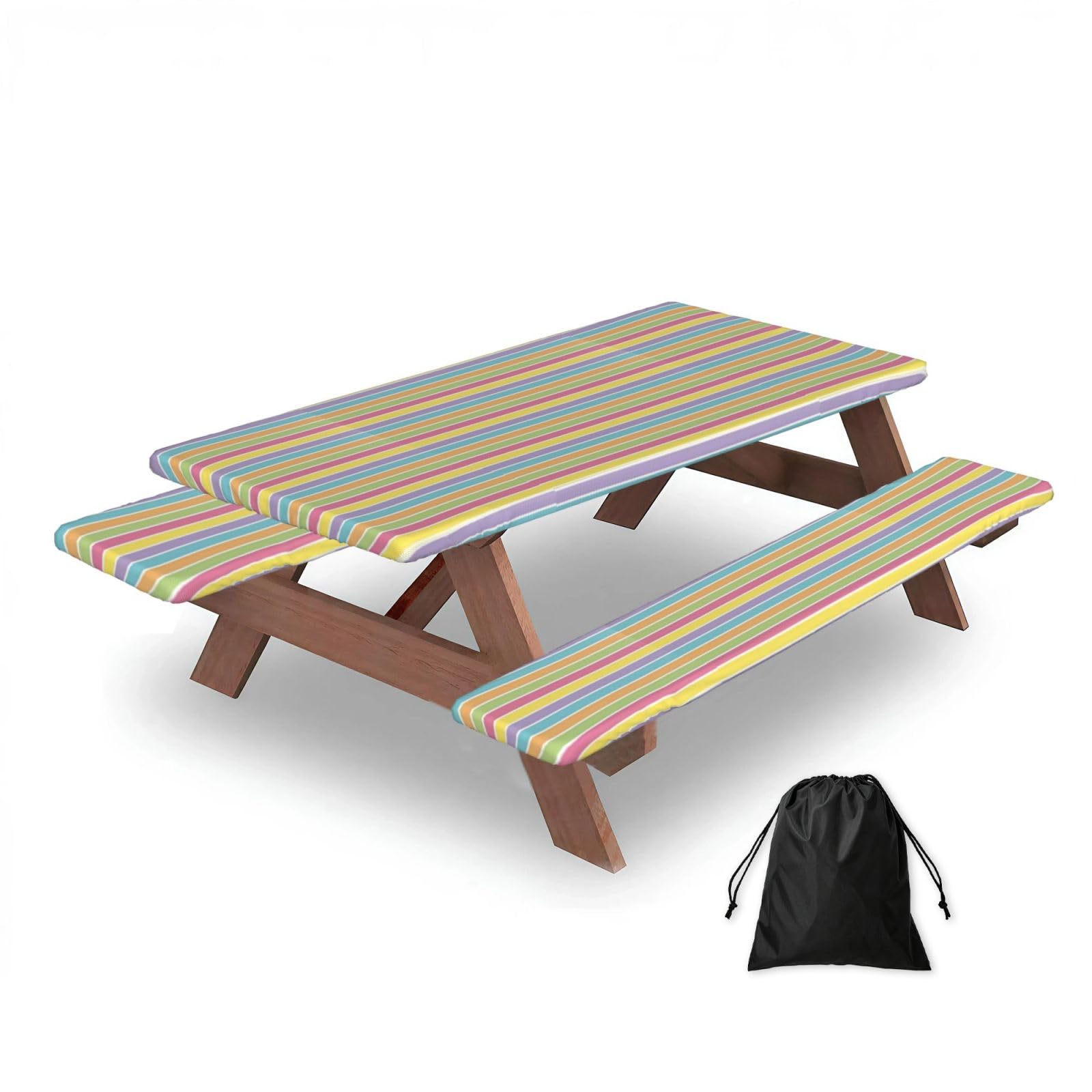 Dopklna As Picture Yellow Blue Pastel Stripe, Picnic Table Cover With Bench Covers -Waterproof Elastic Fitted Tablecloth For Garden Camping Patio 76X152cm