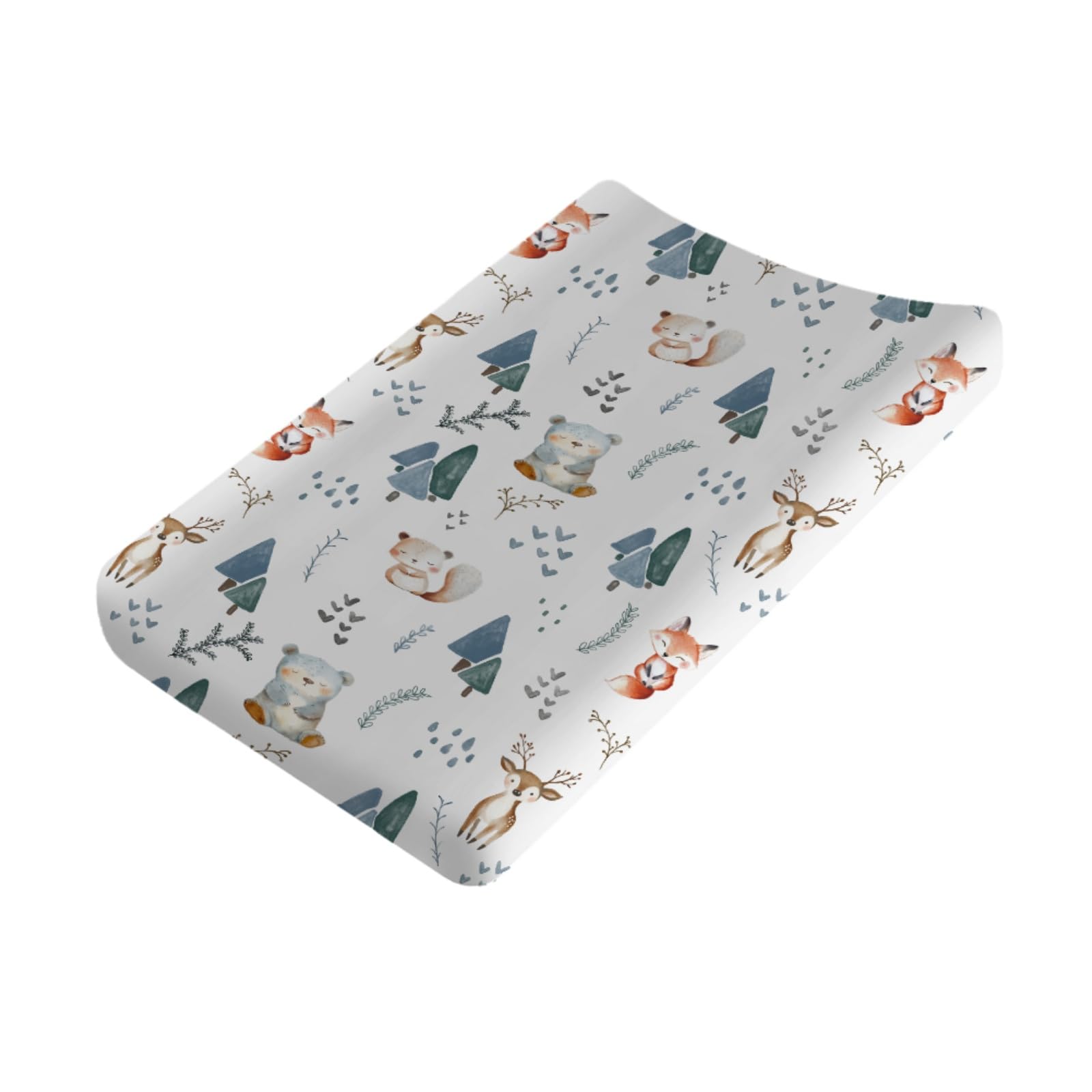 Boho Woodland Animals Trees Baby Changing Pad Covers Boy Girl 32''x16'' Cute Bear Fox Deer Squirrel Leaves Forest Fitted Diaper Change Table Sheets Woodland Baby Gift Soft Breathable Change Table Mat