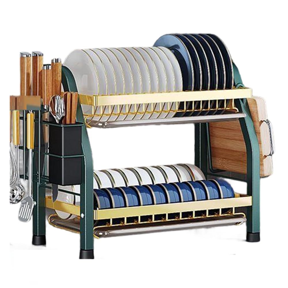 Hxhsgmeh Green & Gold Kitchen Countertop Bowl Rack Double-Layer Tableware Storage Rack Multifunctional Integrated Bowl Rack,