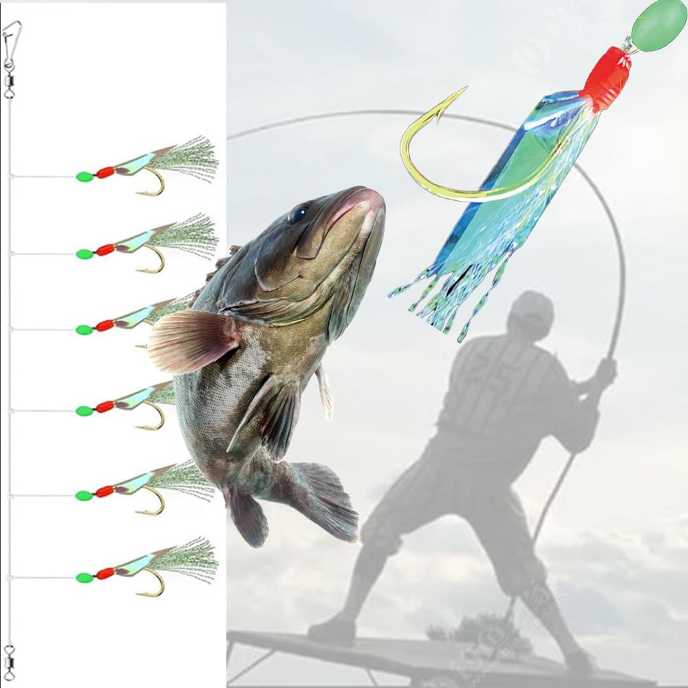 6 Pezzi di Piume di Sgombro,36 Ami in Totale con 3 Misure Attrezzatura da Pesca in Mare Pre-legata con Perline Luminose ed Esca Bionica per Sgombro Merluzzo Merluzzo Bianco e Spigola