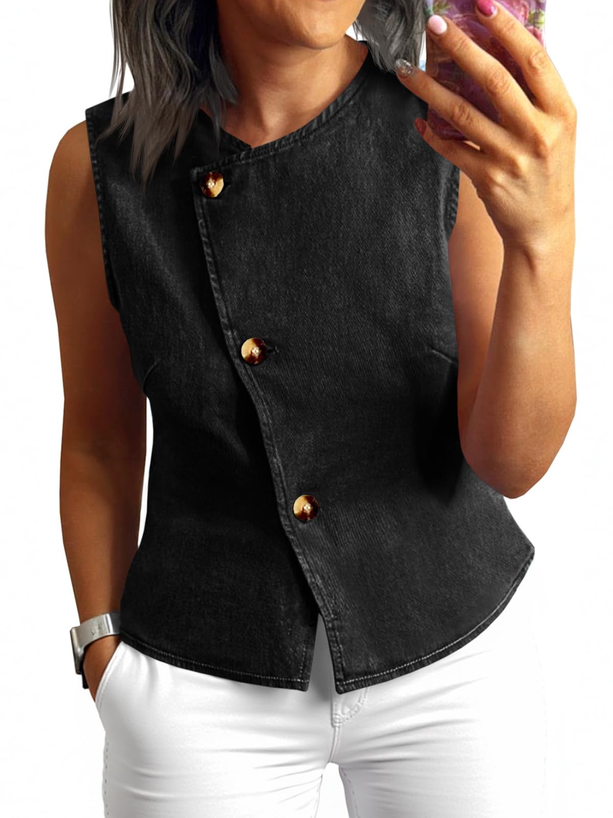 Tankaneo Women Denim Vest Tops Button Down Sleeveless Fitted Jean Tank Tops Trendy Casual Waistcoats