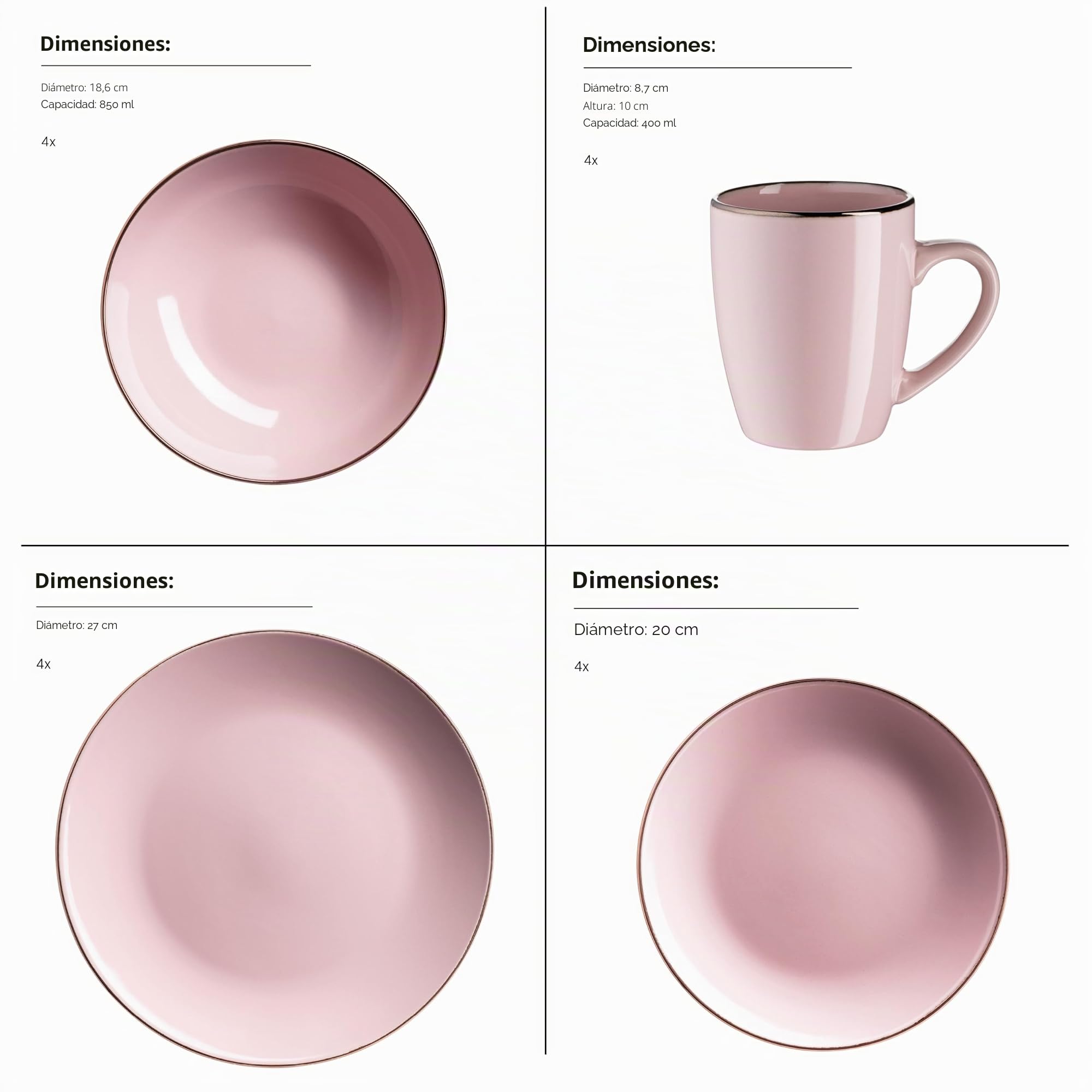 MÄSER Vajilla de gres metálico, 16 piezas, color rosa
