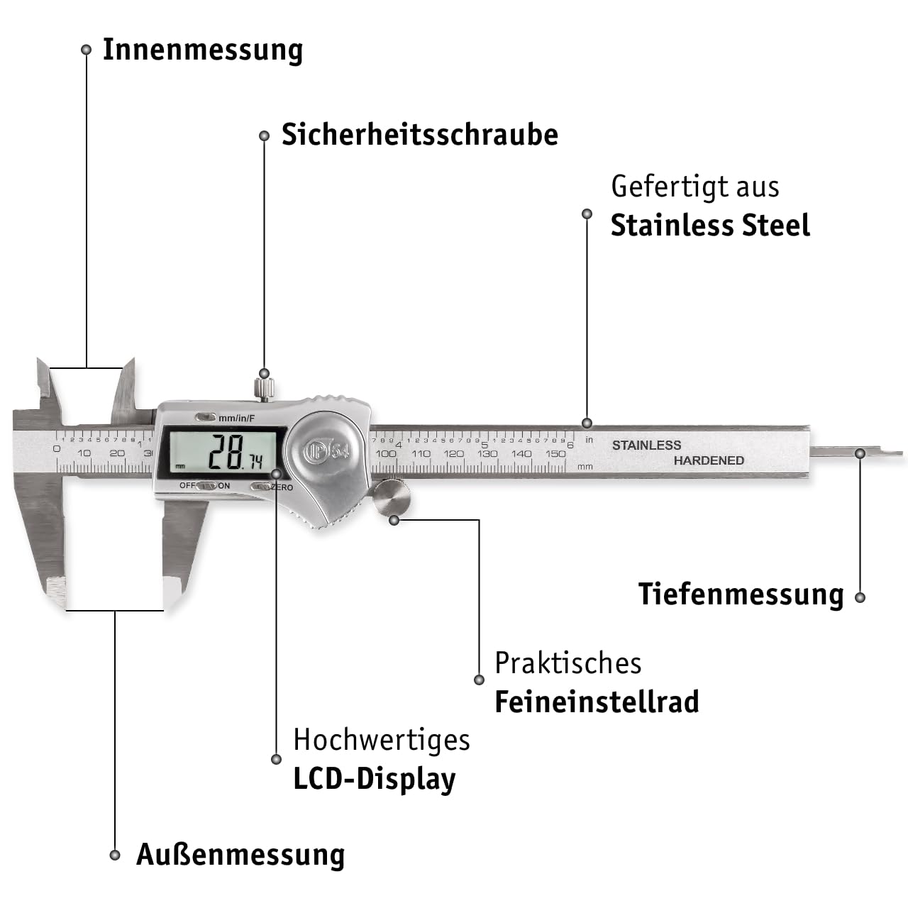 WALTER Schieblehre Digital, Messschieber Analog, Schieblehre, Messlehre, inkl. Knopfbatterie 3V, Edelstahl, spritzwasserfest, IP54 zertifiziert, LCD Display, Messbereich 0-150mm, inkl. Feineinstellrad