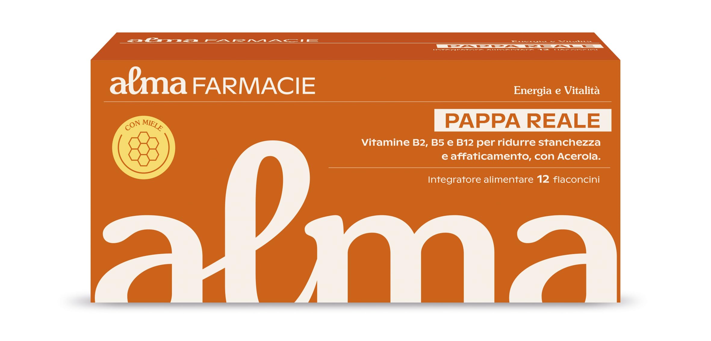 Pappa Reale Alma Farmacie, Integratore Ricostituente per ridurre Stanchezza, sopporto al Sistema Immunitario; con Vitamine B2, B5, B12, D e Acerola, Senza Glutine e Lattosio, 12 Flaconcini