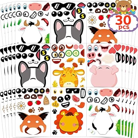 Joyful Start Animal Face Stickers Make A Face Stickers for Kids Make Your Own Stickers for Kids Woodland Zoo Giraffe Lion Animals Sticker Make A Face Sticker Sheets for Gift Festival Party Favors Cover