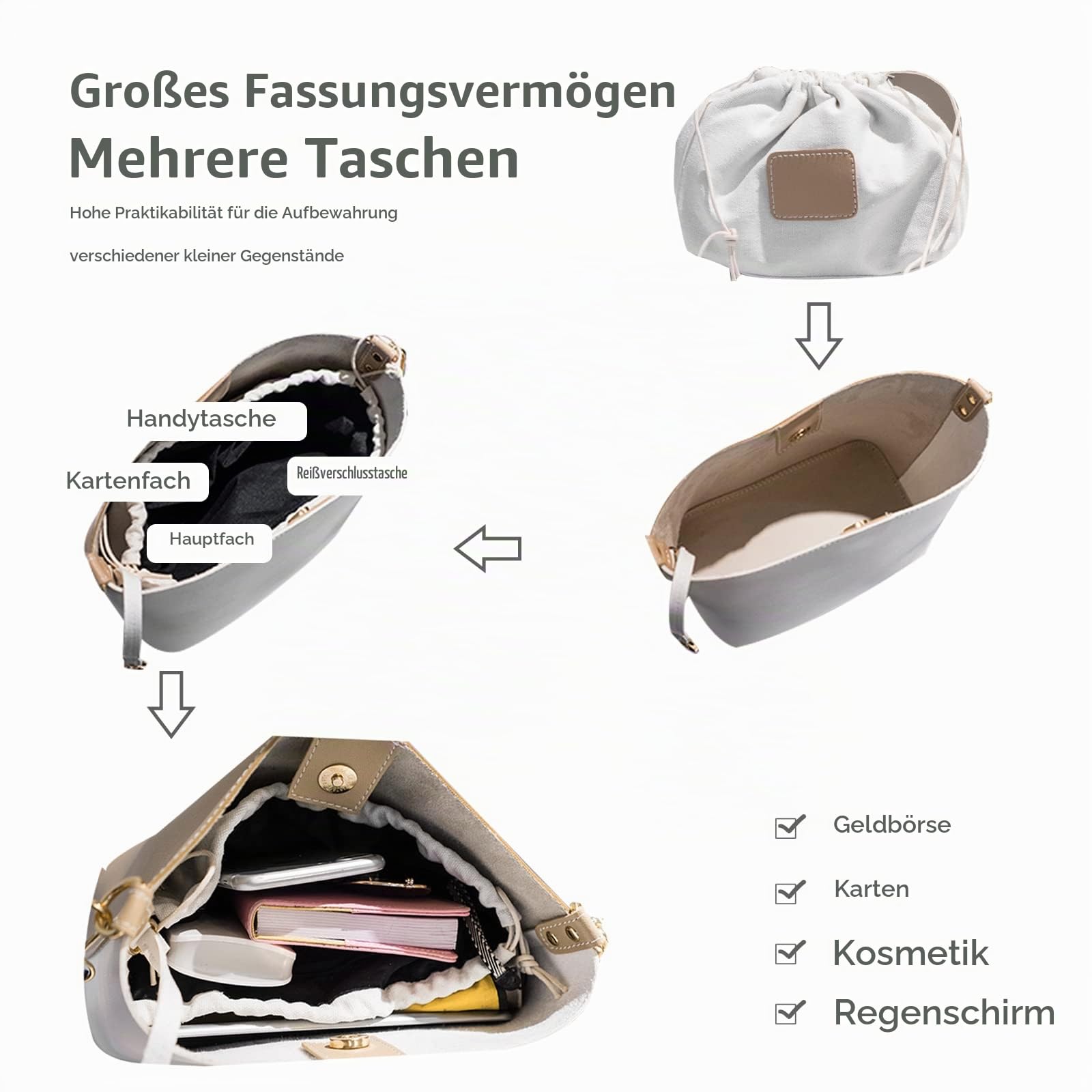 NICOLE & DORIS Frauen Tasche Mittelgroße Umhängetasche Designer Schultertaschen Weiche Ledertasche Handtasche Damen Shopper Beuteltasche Grau