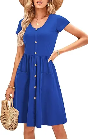 OUGES Women’s V Neck Button Down Skater Dress with Pockets