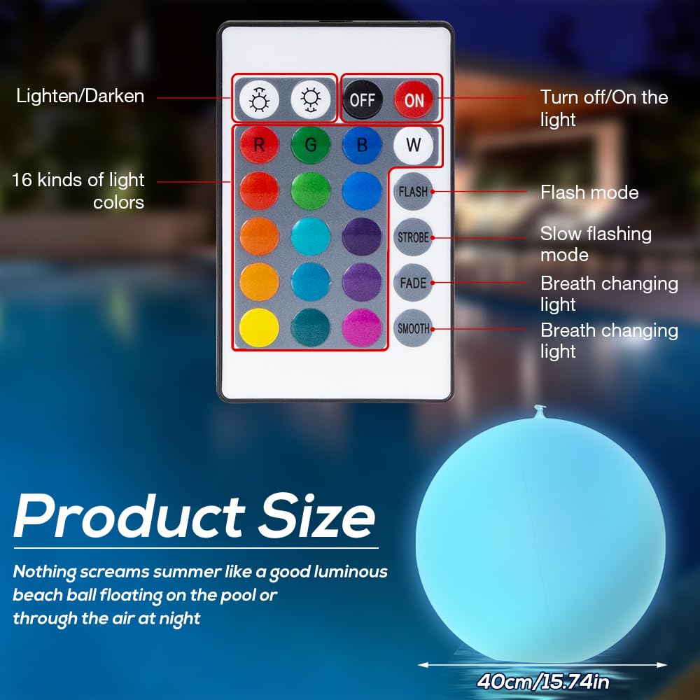 2 Pezzi 40cm Luci Galleggianti Piscina, Luce per Piscina Luce LED per Spa con 16 Luci Colorate e 4 Modalità di Luce Piscina Giardino LED Sfera Luminose Luce Galleggiante Piscina Luminoso per Festa