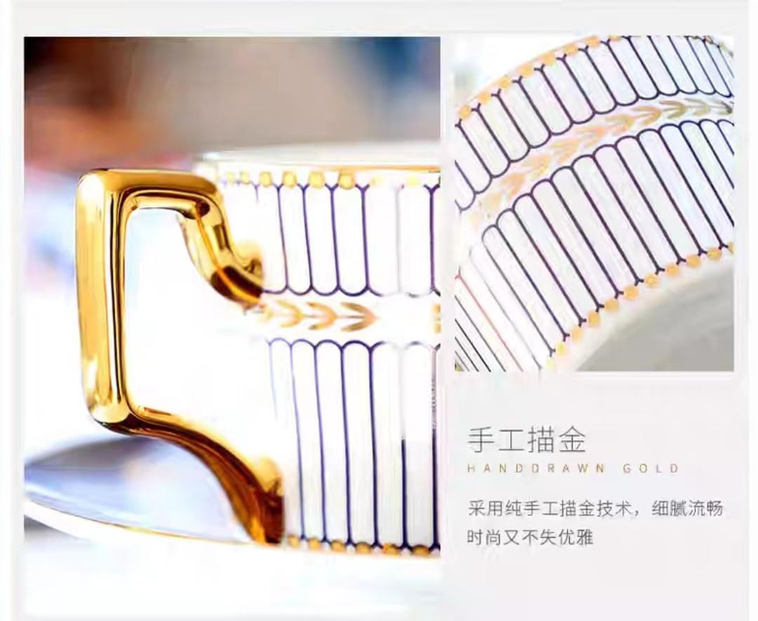 Einfache Keramik-Kaffeetasse*Milchtasse* Lustiges Kaffeetasse-Teetasse-Tasse- und Untertasse-Löffel-Set, modisch bedruckte Keramik-Kaffeetasse mit Goldgriff und Knochenporzellan, geeignet for Nachmitt