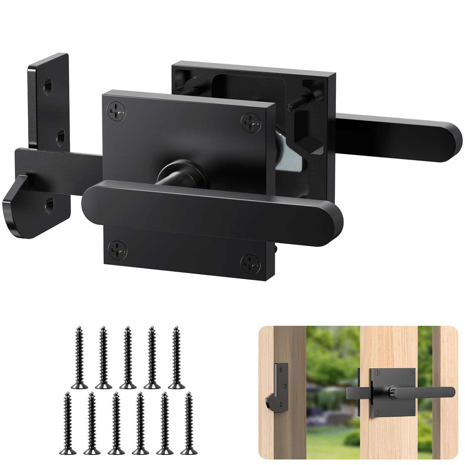 Photo 1 of Aglehome Double Sided Gate Latch, Heavy Duty Gate Latch for Wooden Fence, Black Gate Latch with Handles, Fence Gate Latch for Right Inswing Wooden Gates, Backyard, Garden
