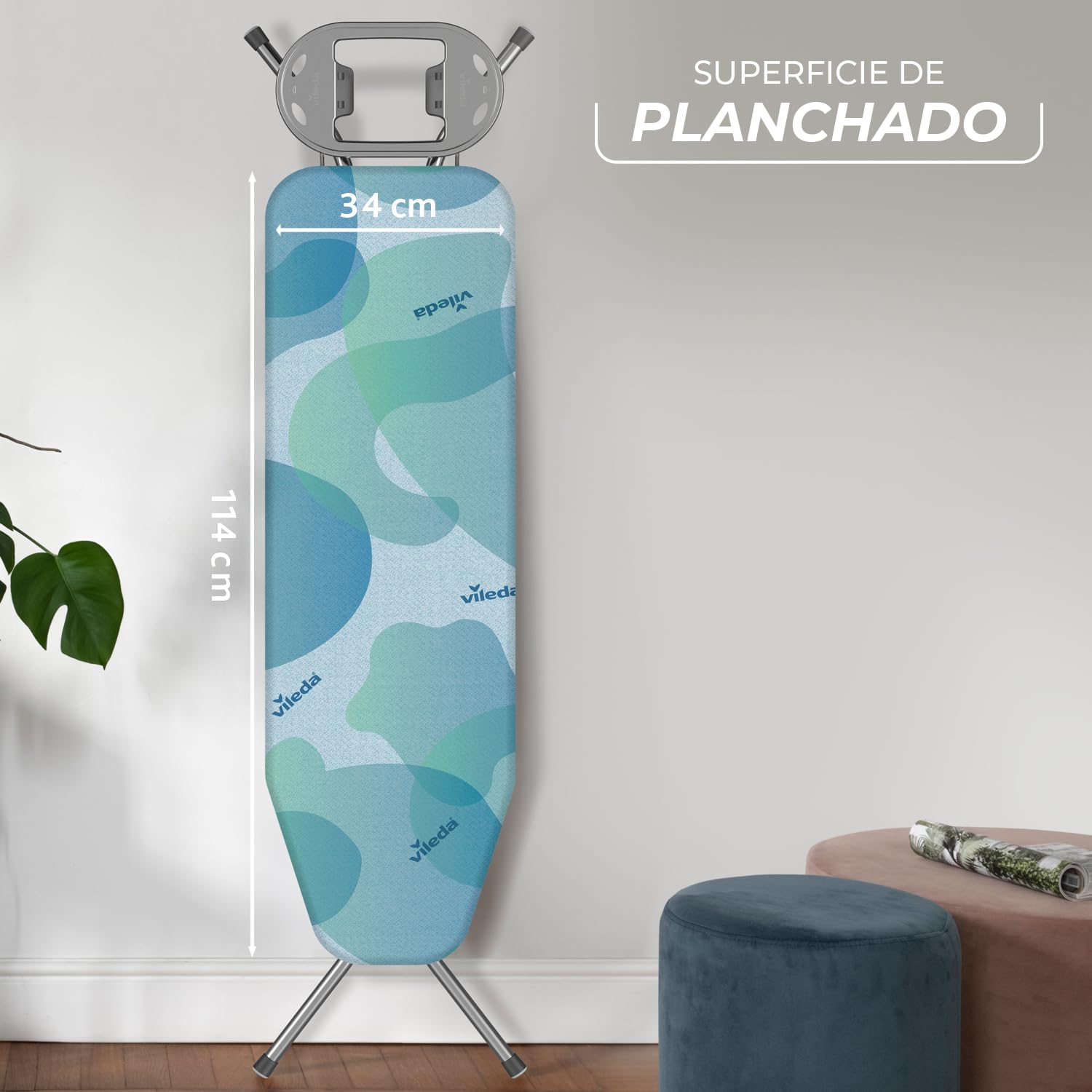 Vileda Tabla de Planchar Smart | Tabla de Planchar compacta | Extra Estable | Altura Ajustable hasta 91 cm | Algodón