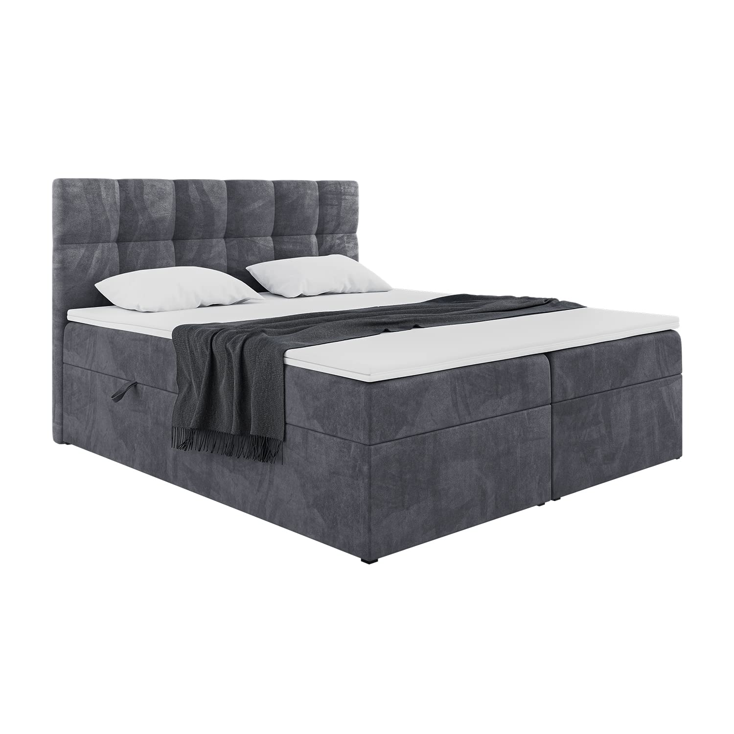 MEBLINI Boxspringbett mit Bettkasten - Gepolstert Doppelbett mit Matratze und Topper - Polsterbett mit Stauraum - Bett mit Kopfteil - Stauraumbett - RACO - 160x200 - H4/Dunkelgrau Samt