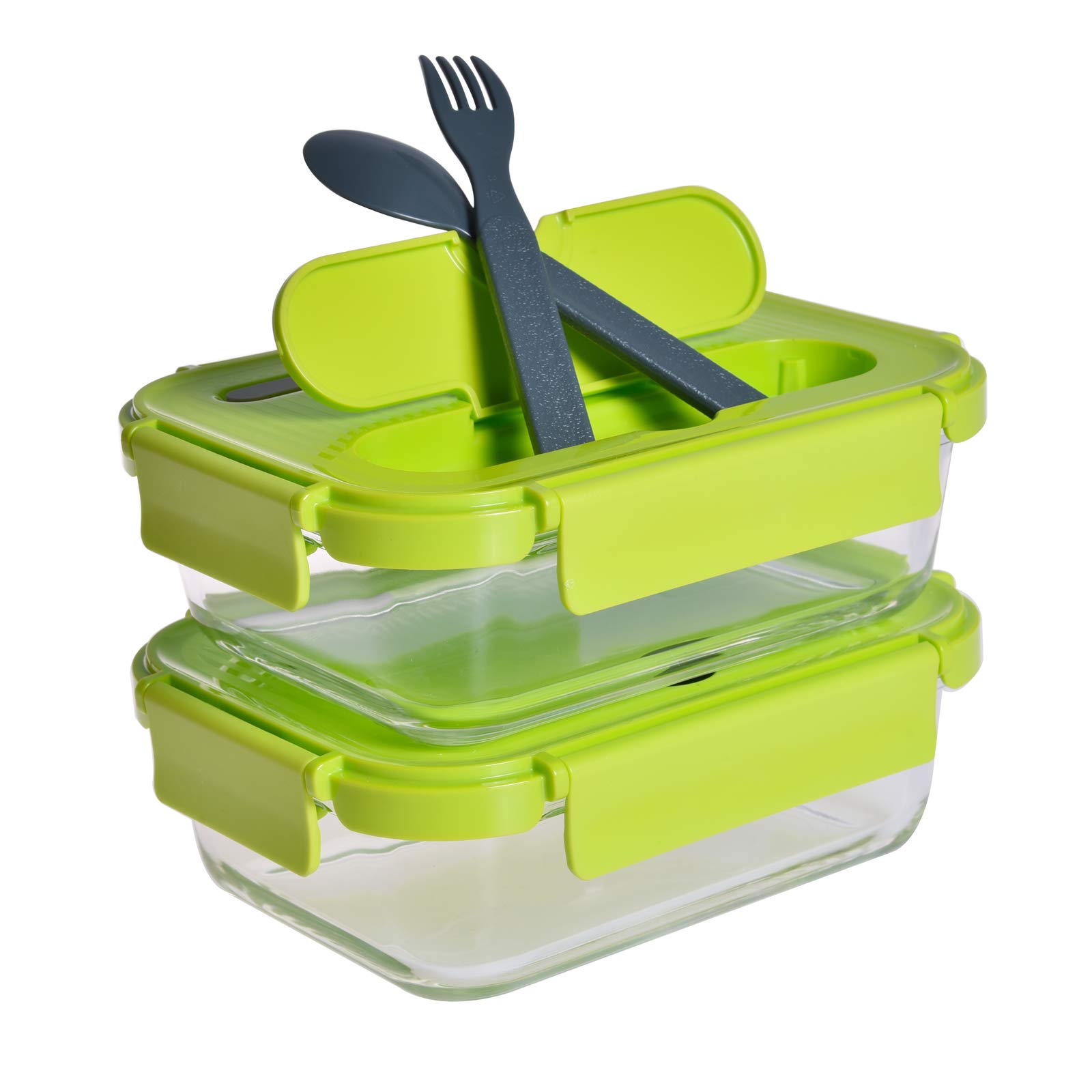 Waterside Set of 2 Glass Food Lunch Container with Cutlery