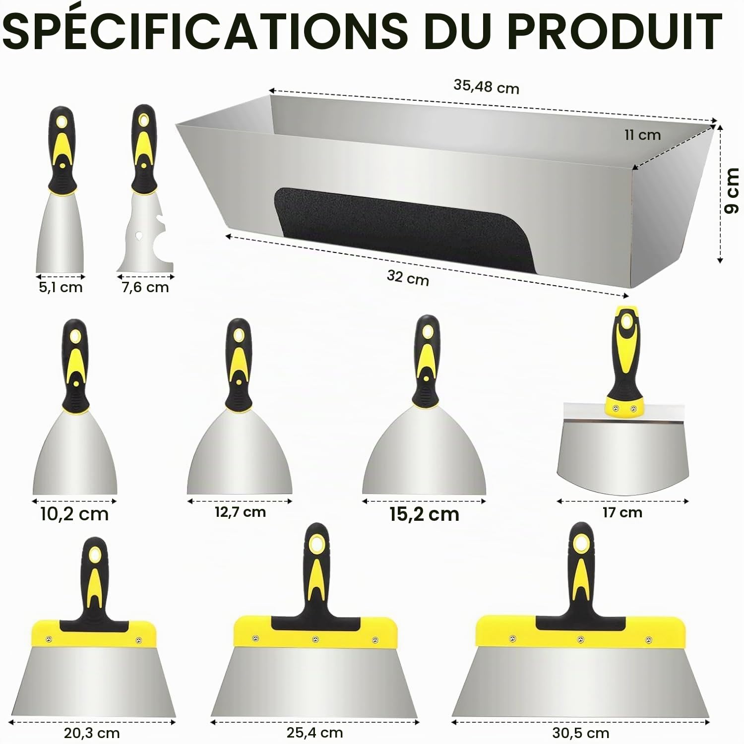 Ensemble De 10 Couteaux À Enduire En Acier Inoxydable, Spatules De Peintre Et Couteau Enduit Pour Plaques De Plâtre, Réparation Murs, Joint, Bricolage, Couteau A Enduire Avec Poignée Ergonomique