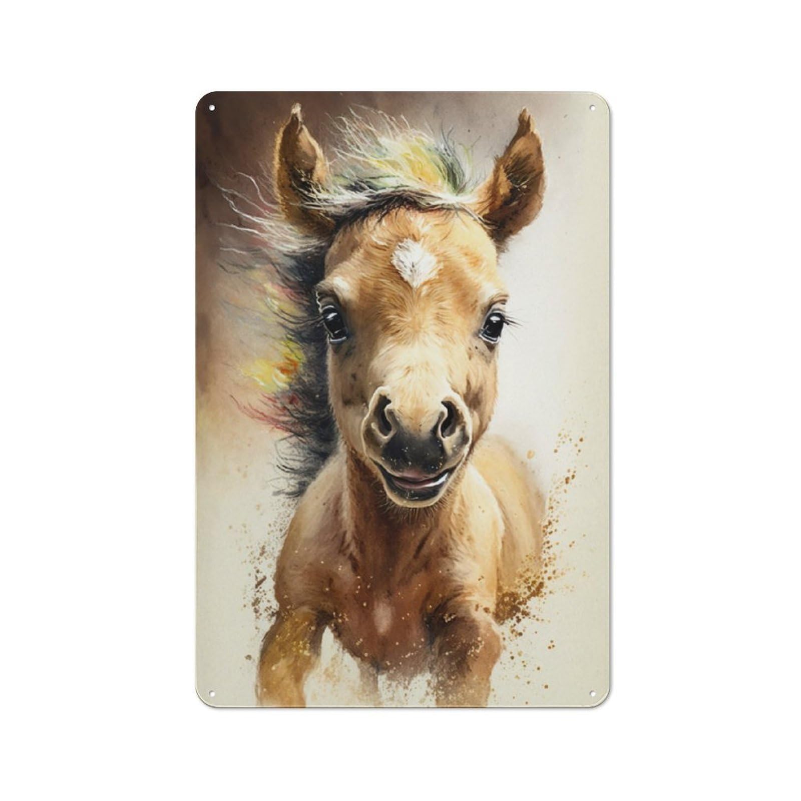 Junmoney Horse Watercolor Drawing For Café Or Restaurant, Vintage Tin Wall Plaque 30X20cm, New Home Wall Decor For Café Owners And Decorators