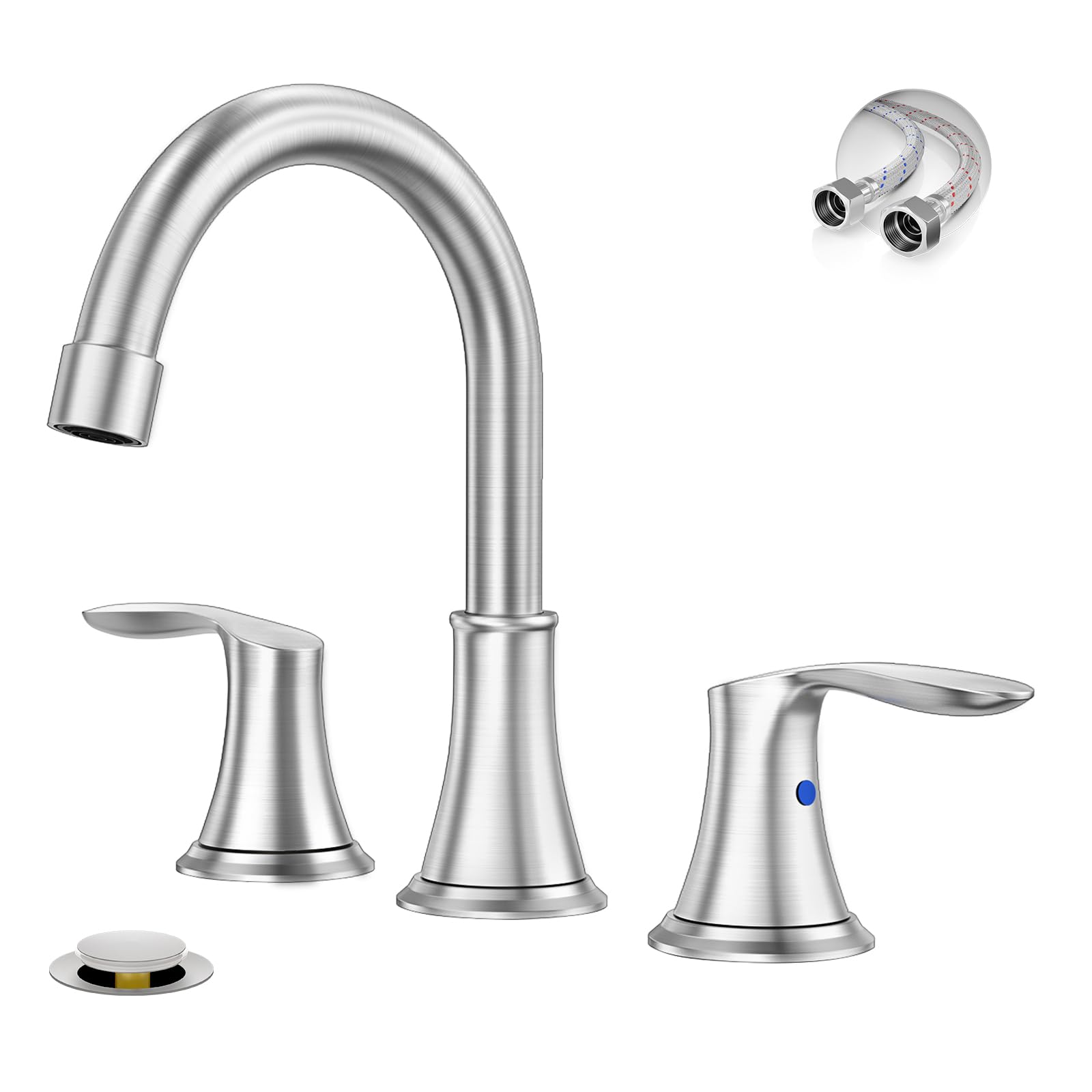 Rubinetto per lavabo da bagno a tre fori da 8 pollici (20 cm) in nichel spazzolato, con due maniglie in acciaio inox, piletta di scarico a scomparsa in metallo e tubi di alimentazione dell'acqua, m
