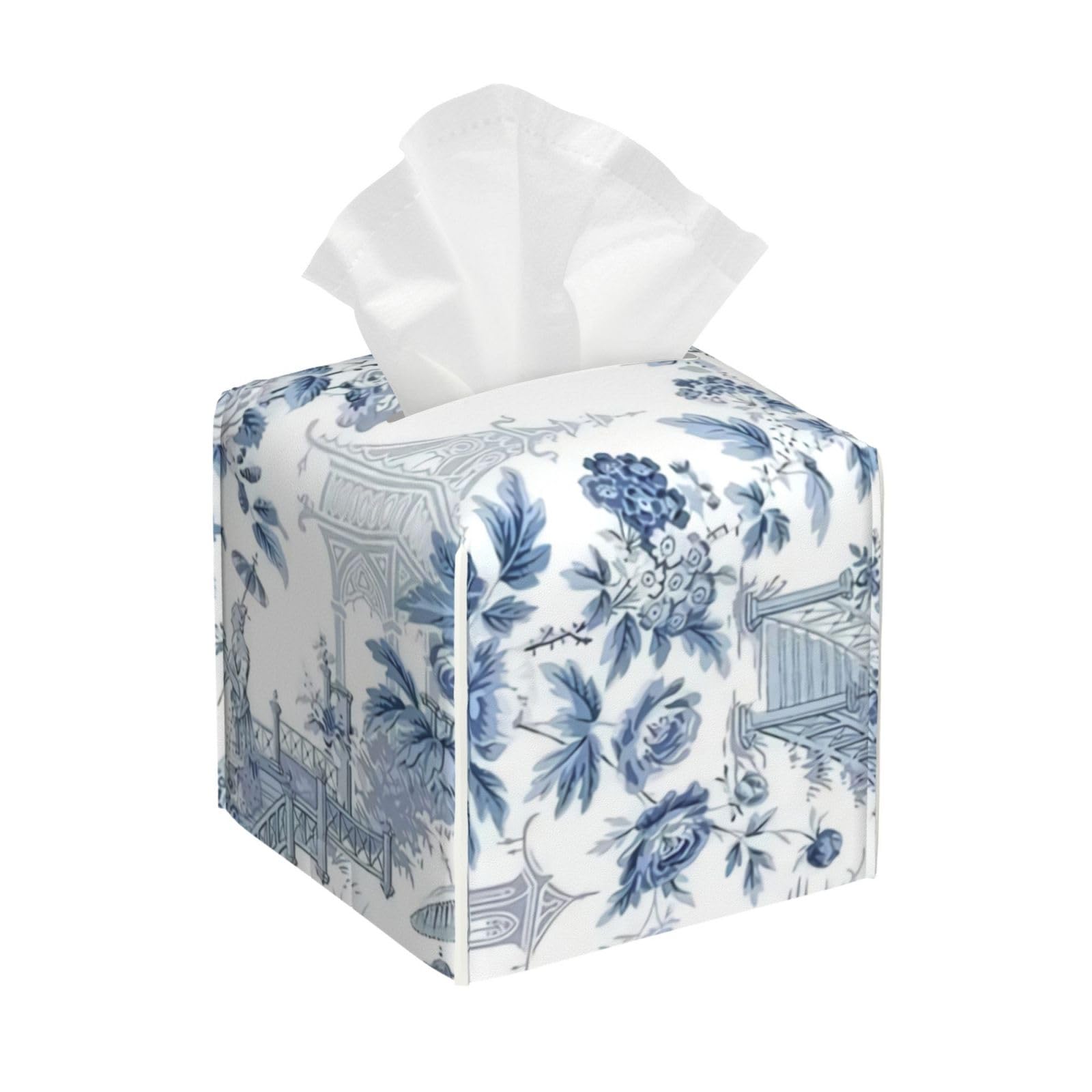 Japenese Style Blue Chinoiserie Landscape Painting Square Tissue Box Cover, Cube Tissue Box Holder, Table Tissue Box