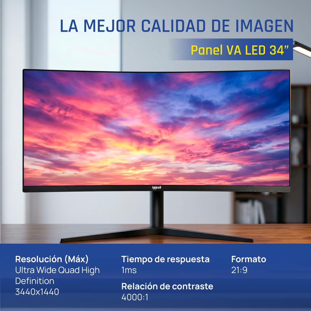 iggual Monitor 4K UltraWide Curvo 34" 21:9 WQHD 3440x1440px, 165 Hz, FreeSync, HDR, R1500, VA, 2xHDMI 2xDP, VESA 75x75,-Regulable Inclinación y Rotación. - Diseño Frameless