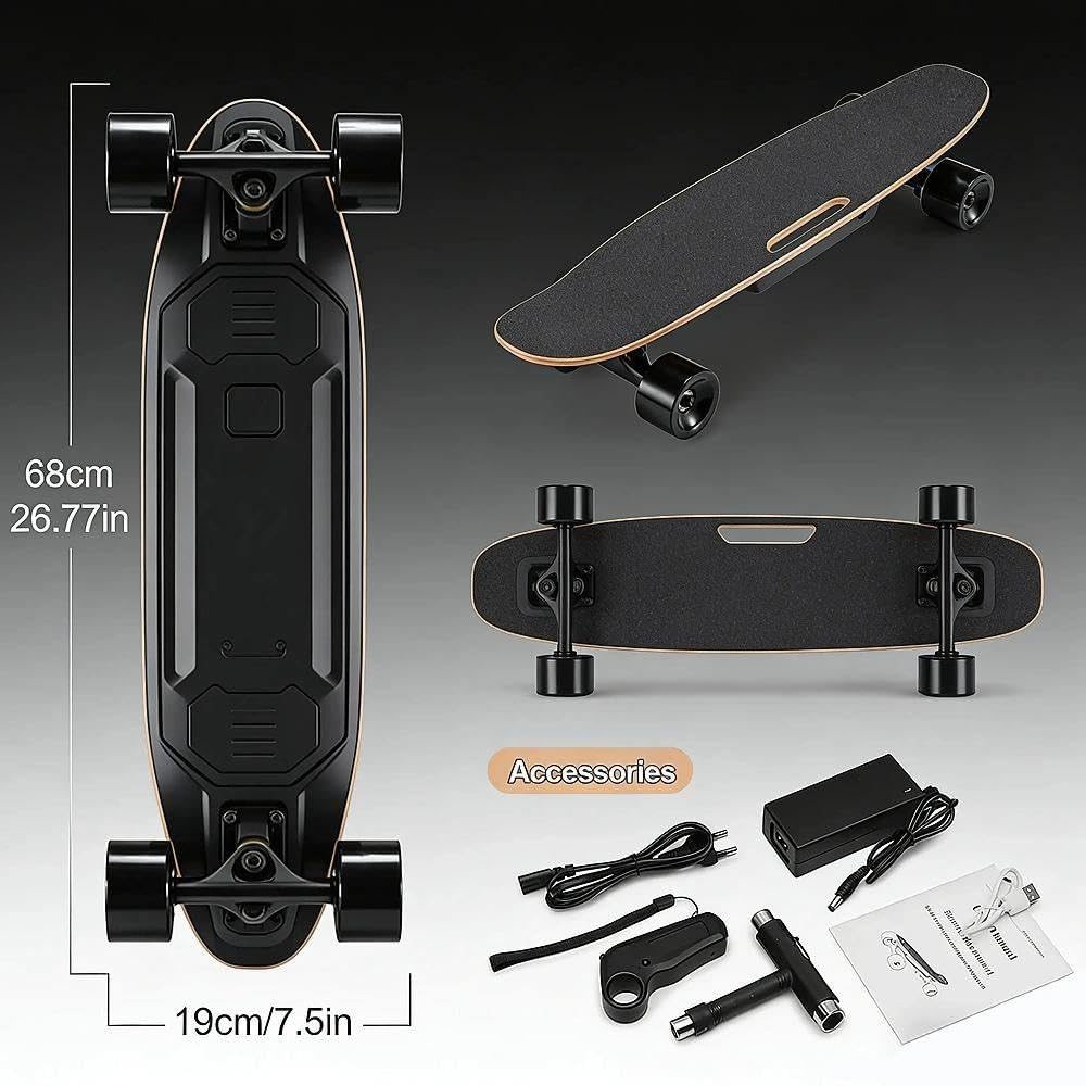 Skateboard électrique De 26,8 Pouces, Longboard électrique avec Télécommande - Vitesse Maximale De 14 Mph, Autonomie De 8 Miles, 350 W, 4 Vitesses, pour Débutants, Adolescents Et Adultes