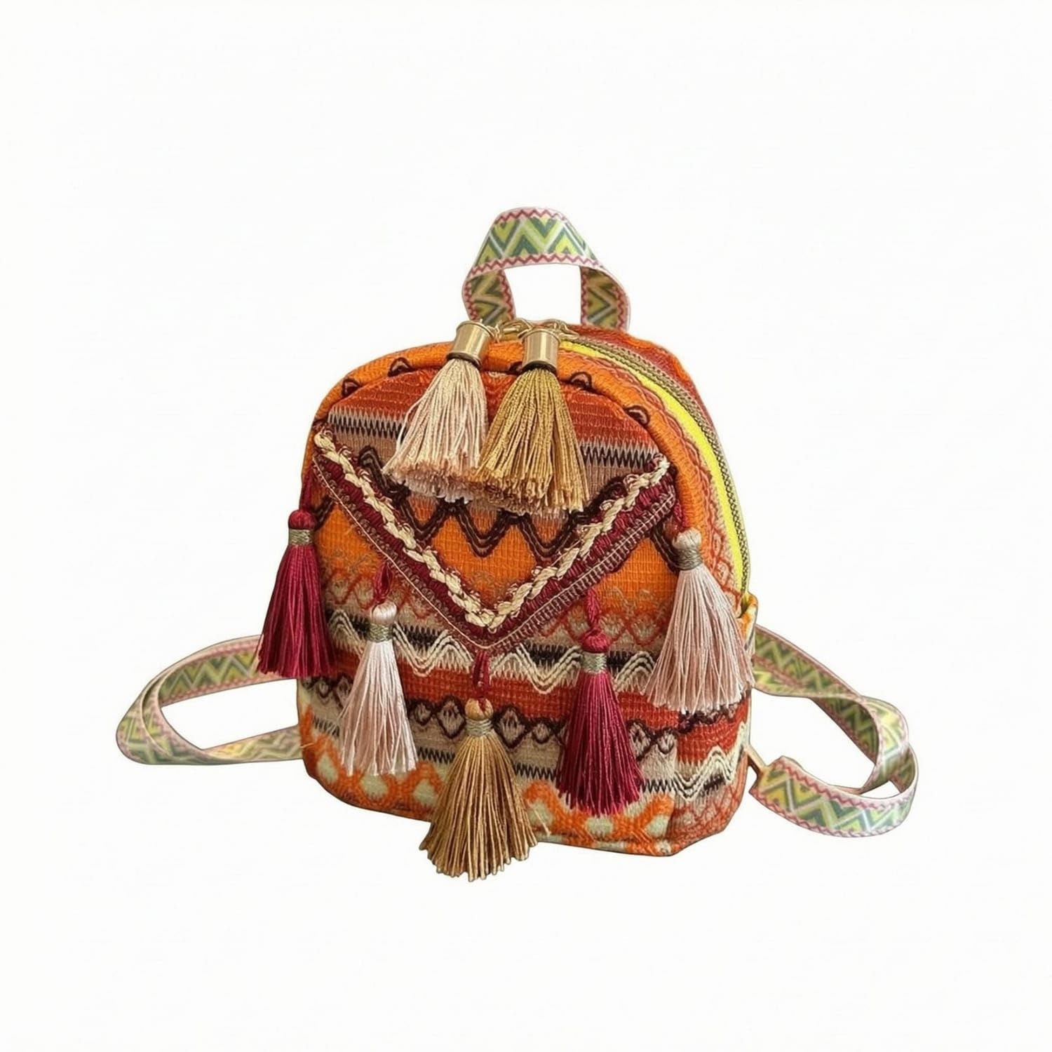Decorative Tassels Ethnic-Style Backpack Zigzag Trim Boho Backpack Structured Shape, Orange-image-4