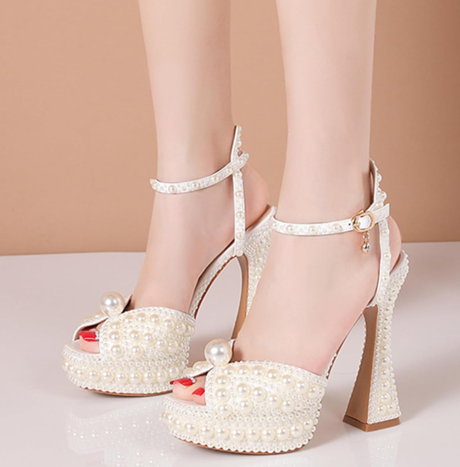 Minishion Womens Platform Wedding Shoes Slingback High Heel Party Evening Sandals with Pearl - Image 3