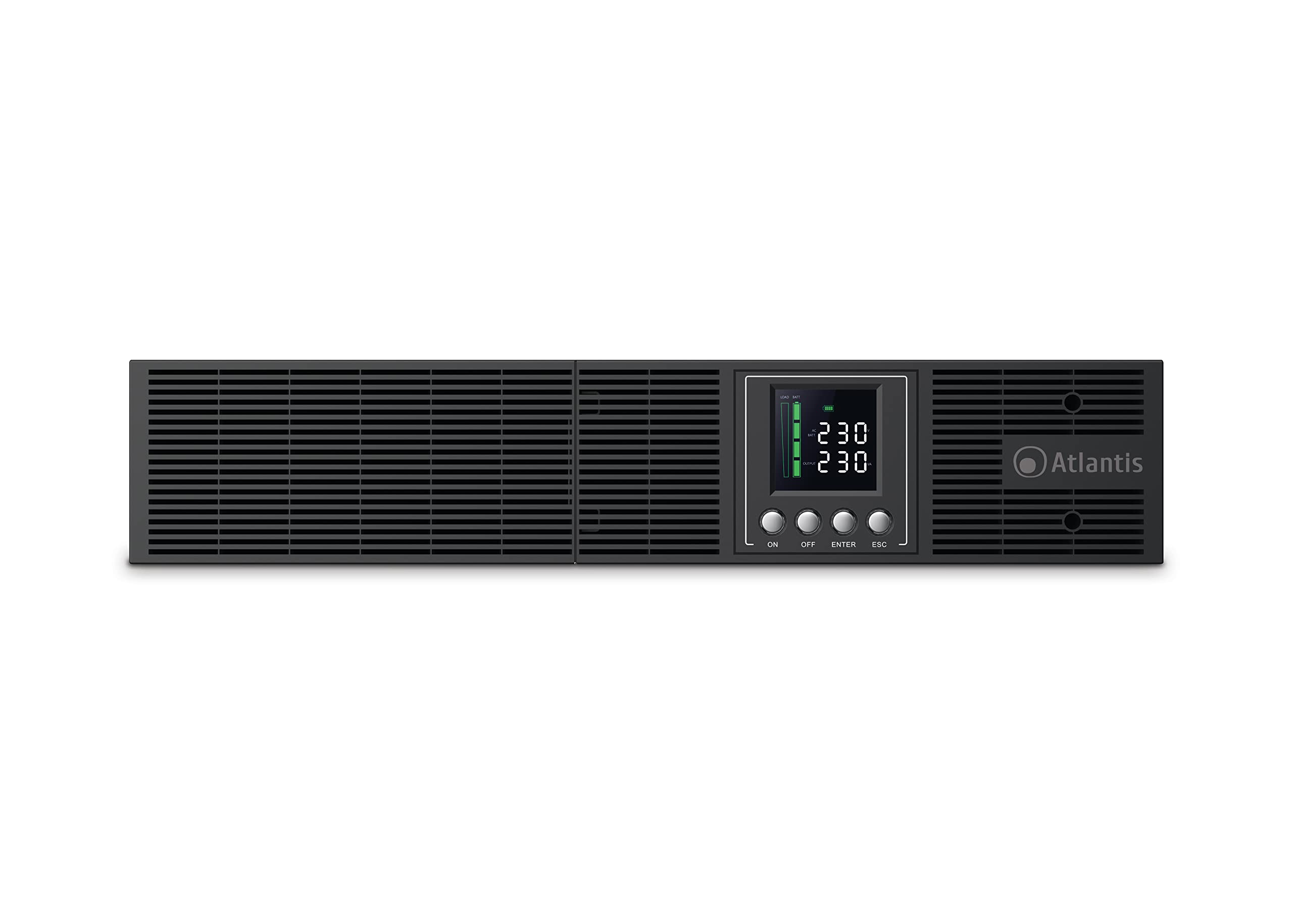 Atlantis A03-OP1302-RC UPS Online Doble conversión de Onda sinusoidal Pura 1300VA 900W, Servidor Rack, Pantalla LCD, USB, Serie RS-232, 8 Salidas IEC, Ranura SNMP, 2x12V-9Ah