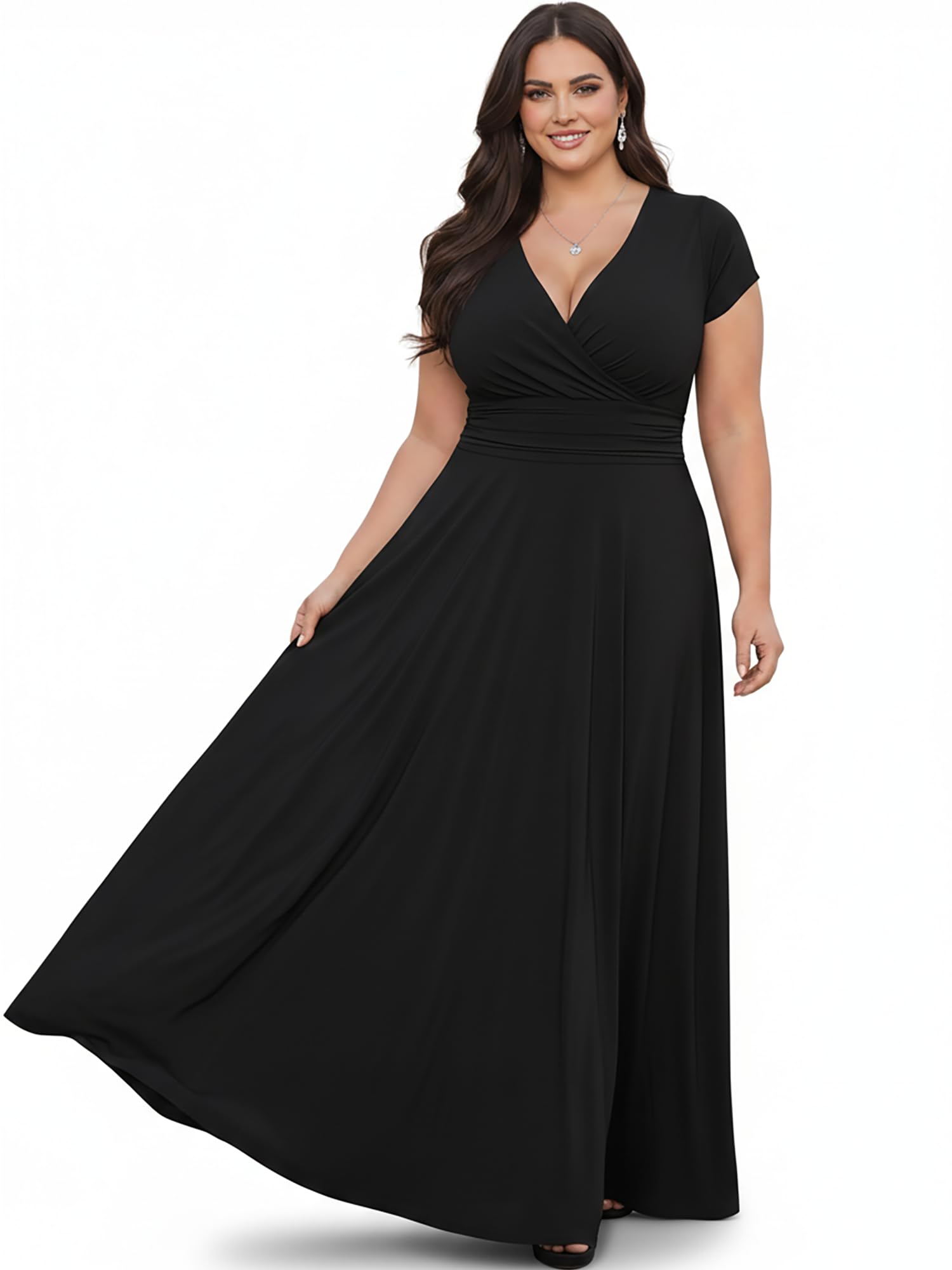 Womens Sexy Cap Short Sleeve V-Neck Flowy Cocktail Gown